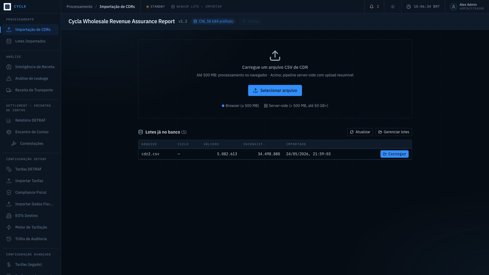 Importação de CDRs — dual-mode browser/servidor com lotes já processados