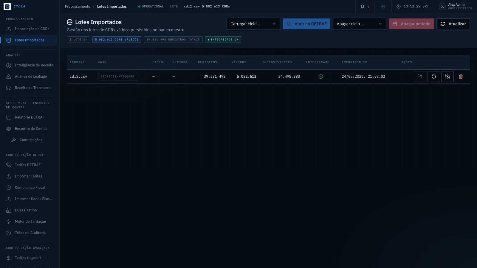 Lotes Importados — 5 milhões de CDRs válidos com integridade verificada